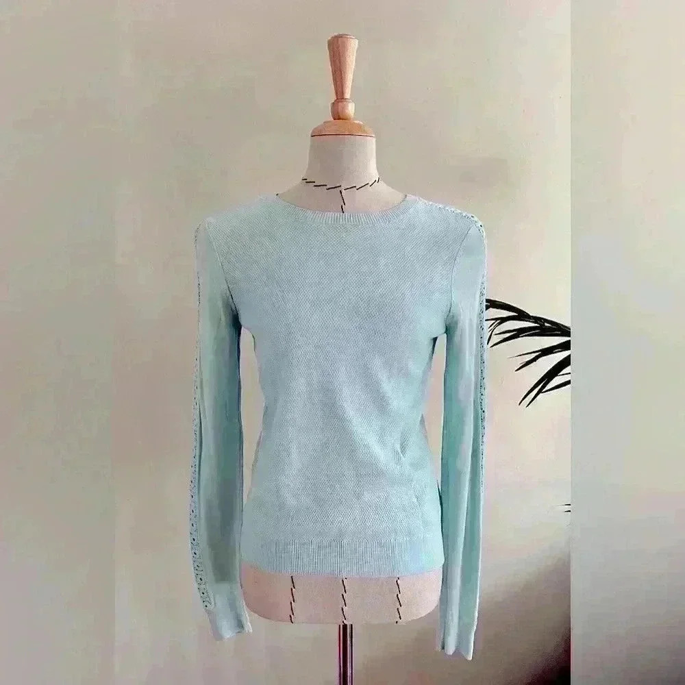 LOFT Mint Knit Pullover Sweater with Crochet Sleeves | Size XS